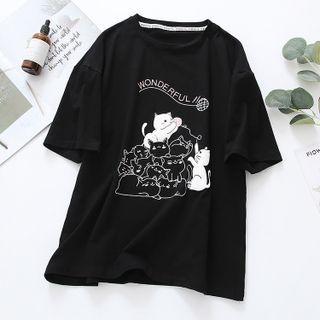 Short-sleeve Cat T-shirt Black - One Size