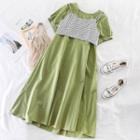 Set: Plaid Camisole Top + Short-sleeve Midi Dress Green - One Size