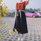 Mock Two-piece Short-sleeve Belted Two-tone Midi A-line Dress