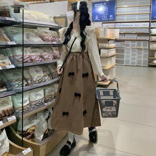 Ruffle Shirt / Bow Detail Midi Overall Dress