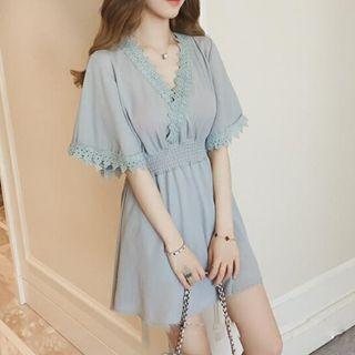Elbow-sleeve V-neck Lace Trim Mini A-line Dress