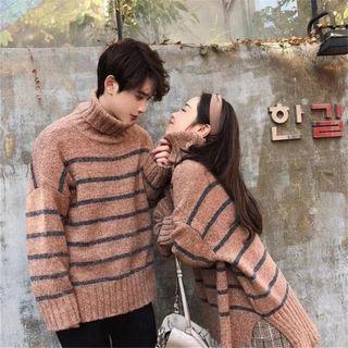 Couple Matching Turtleneck Striped Sweater Stripes - Brown - One Size