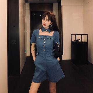 Short-sleeve Button Denim Cutout Wide-leg Playsuit