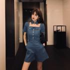 Short-sleeve Button Denim Cutout Wide-leg Playsuit