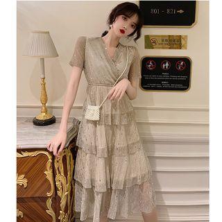 V-neck Short-sleeve A-line Dress Champagne - One Size