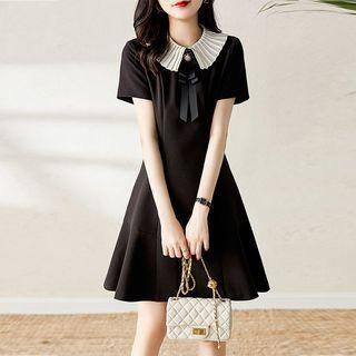 Short Sleeve Pleated Collar Bow Accent A-line Dress