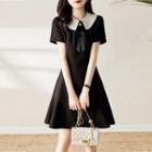 Short Sleeve Pleated Collar Bow Accent A-line Dress