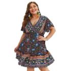Plus Size Short-sleeve V Neck Printed A-line Dress