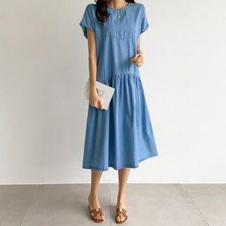 Slit-back Shirred Denim Dress