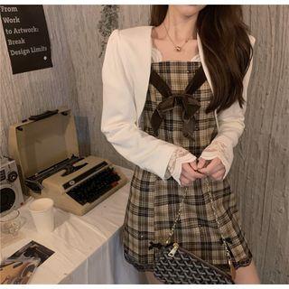 Cropped Blazer / Lace Top / Plaid Spaghetti Strap Dress