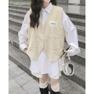 Long-sleeve Mini Shirtdress / Lettering Safari Button-up Vest