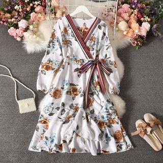 Long-sleeve Floral Print Ruffle Trim Midi Dress