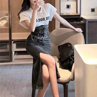 Short-sleeve Lettering T-shirt / High-waist Half-button Slit Denim Midi Skirt