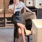 Short-sleeve Lettering T-shirt / High-waist Half-button Slit Denim Midi Skirt