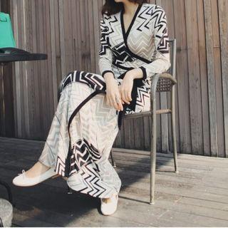 Long-sleeve Geometric Print Maxi Wrap Dress