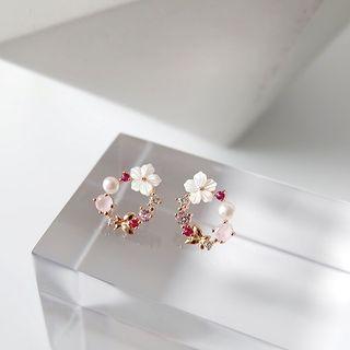 925 Sterling Silver Rhinestone Flower Earring Pink - One Size