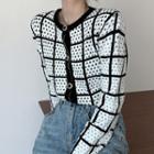 Long-sleeve Buttoned Checked Knit Top As Shown In Figure - One Size