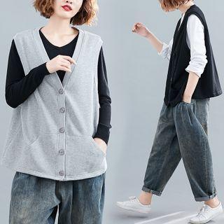 V-neck Plain Button-up Vest