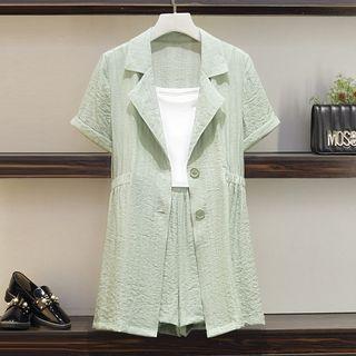 Set: Short-sleeve Long Blazer + Camisole Top + Plain Shorts