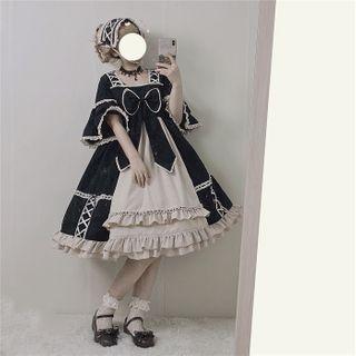 Elbow-sleeve Ribbon Bow A-line Dress / Headband / Set