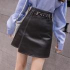 Belted Irregular Faux Leather A-line Skirt