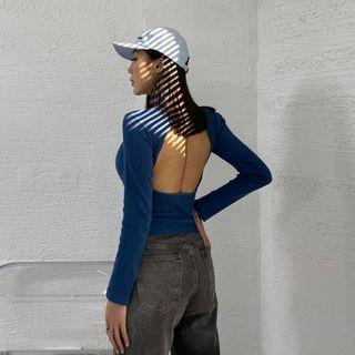 Mock-neck Plain Open Back Knit Top