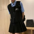 Short-sleeve Shirt / Hangul Print Buttoned Vest / Pleated A-line Skirt