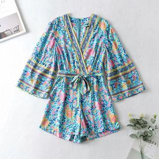 V-neck Print Tie-waist Wide-leg Romper