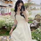 Puff-sleeve Square Neck Ruched Midi Dress Dress - Off-white - One Size