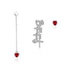925 Sterling Silver Fashion Letter Bffi And Red Heart-shaped Asymmetric Stud Earrings With Austrian Element Crystal Silver - One Size