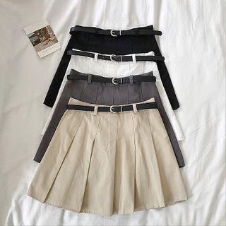 Plain High-waist Pleated A-line Skirt With Belt