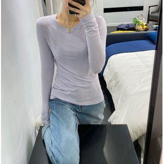 Plain Long-sleeve T-shirt Light Purple - One Size