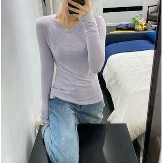 Plain Long-sleeve T-shirt Light Purple - One Size