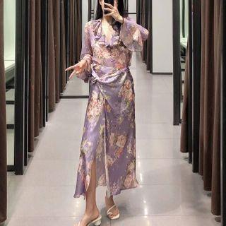 Floral Print Ruffled Shirt / Midi A-line Skirt