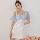 Short-sleeve Puff-sleeve Two Tone Mini Dress