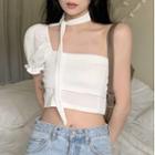 Puff-sleeve One-shoulder Cropped Blouse White - One Size