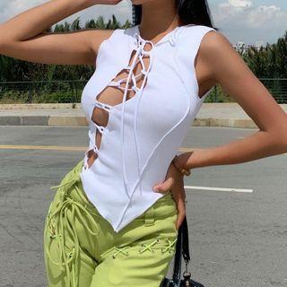 Asymmetrical Lace-up Crop Tank Top