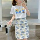 Set: Short-sleeve Print T-shirt + Floral Skirt