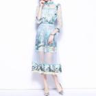 3/4-sleeve Print Mesh Panel Midi A-line Dress