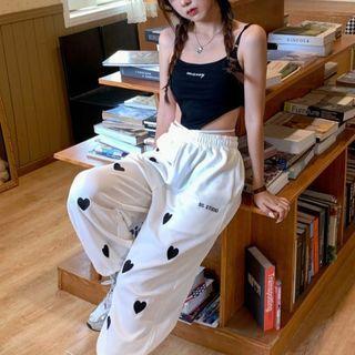Heart Embroidered Cropped Harem Pants White - One Size