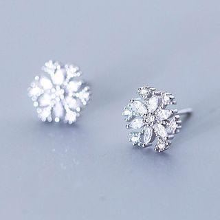 925 Sterling Silver Rhinestone Flower Stud Earring 1 Pair - As Shown In Figure - One Size