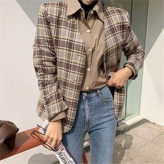 Collarless Checked Jacket Brown - One Size