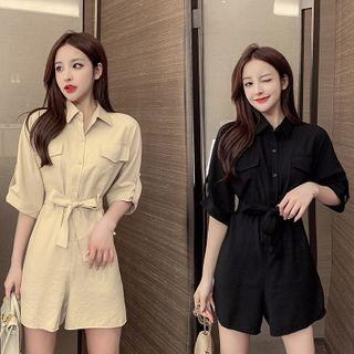 Elbow-sleeve Button-up Wide-leg Playsuit