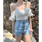 Off-shoulder Lace-up Blouse White - One Size