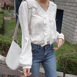 V-neck Long-sleeve Frill-trim Blouse