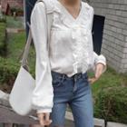 V-neck Long-sleeve Frill-trim Blouse