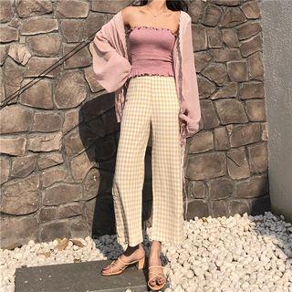 Shirred Tube Top / Plaid Cropped Wide-leg Pants / Open-front Jacket