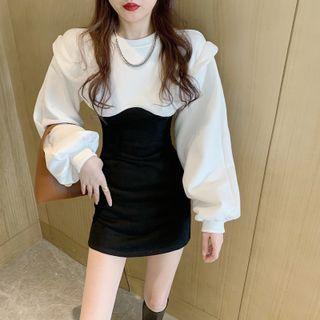 Bishop-sleeve Two-tone Mini Sheath Dress