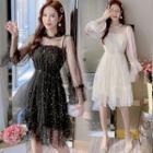 Bell-sleeve Lace Mesh Sequin Dress