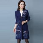 Embroidered Open-front Long Knit Jacket